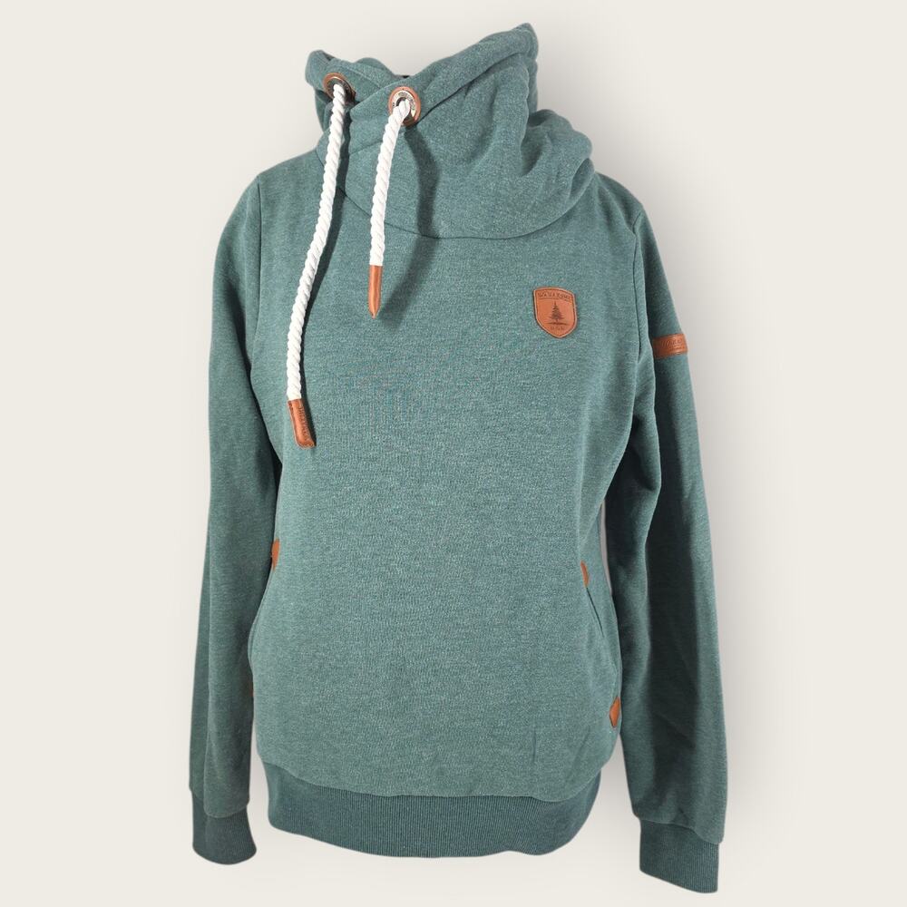 Wanakome Pullover Hoodie Green Cowl Neck Leather Patch Drawstring Women's Sz XL
